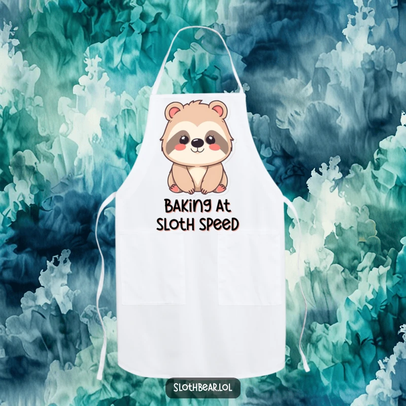 Funny kawaii sloth bear apron with a gentle, contented smile, ideal for kitchen protection while adding a touch of adorable charm and humor.