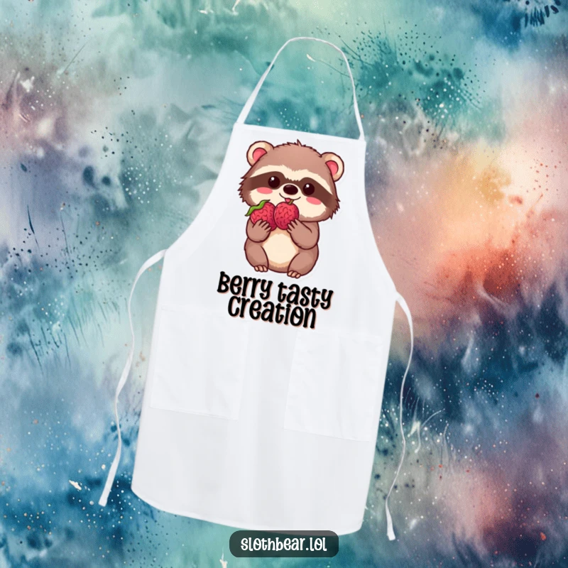 Funny kawaii sloth bear holding a perfect berry with delight on a cute kitchen apron, adding sweetness to cooking.