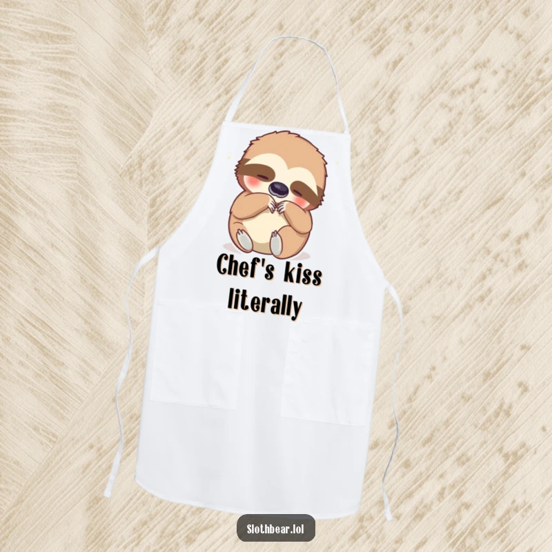 Funny apron featuring a sloth bear contentedly scratching its belly, designed for kitchen use with a humorous and charming appeal.