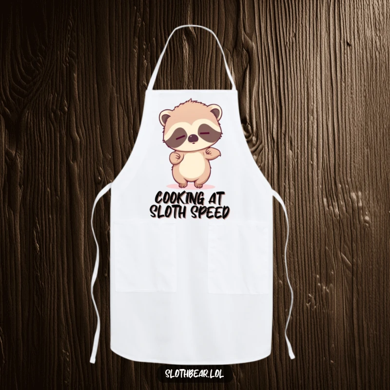 Funny apron featuring a sleepy sloth bear cub attempting to dance, perfect for cooks who appreciate humor.
