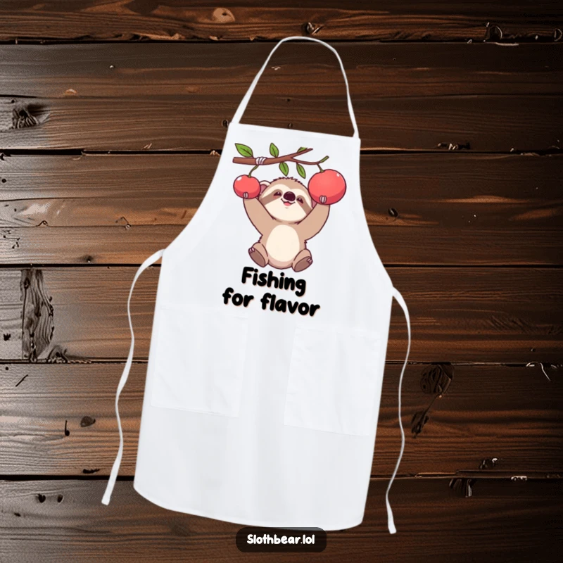 Funny apron featuring a baby sloth bear cub comically reaching for fruit, perfect for cooks who appreciate humor.