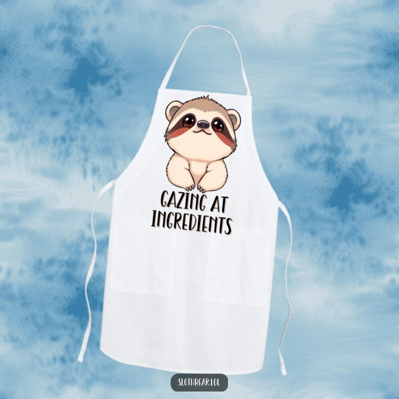 Funny Apron featuring a young sloth bear with a curious upward gaze, perfect for adding whimsy to kitchen activities.