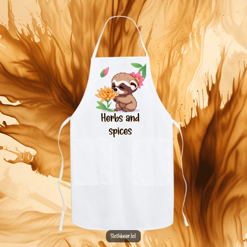 Funny curious sloth bear cub sniffing an exotic flower with wonder, depicted on a cheerful kitchen apron.