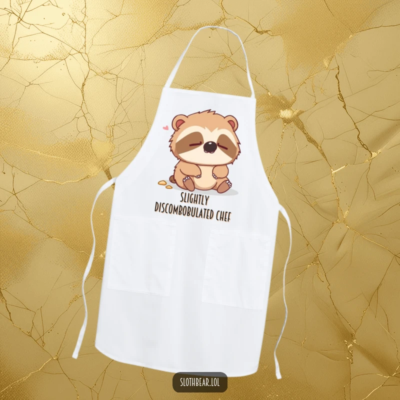 Funny apron featuring a dazed sloth bear looking confused after a gentle fall, ideal for kitchen humor.