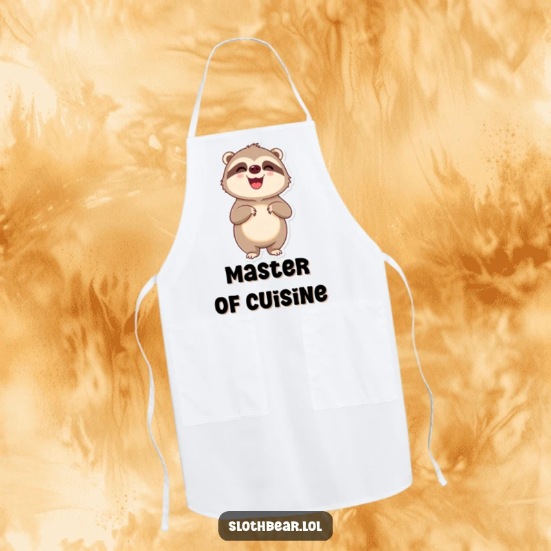 Funny delighted sloth bear character standing on hind legs looking pleased, depicted on a cheerful kitchen apron.