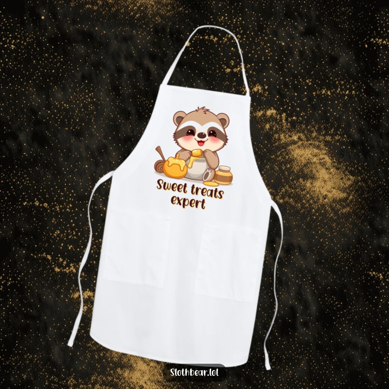 Funny apron with a smiling sloth bear happily eating honey, perfect for baking and kitchen fun.