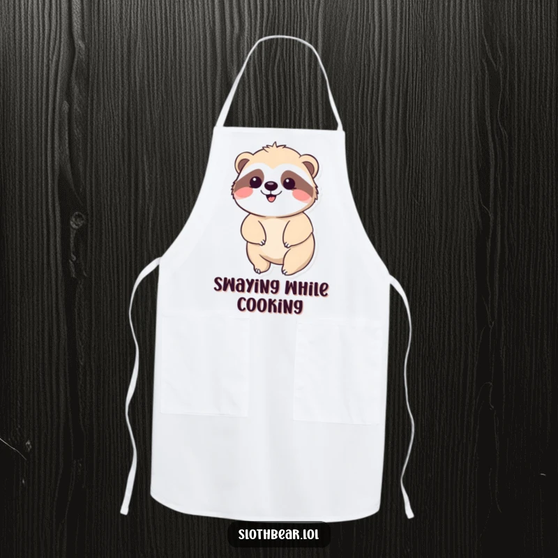 Funny Kawaii Sloth Bear Apron showing a cute bear happily swaying, great for a funny kitchen gift and peaceful cooking.