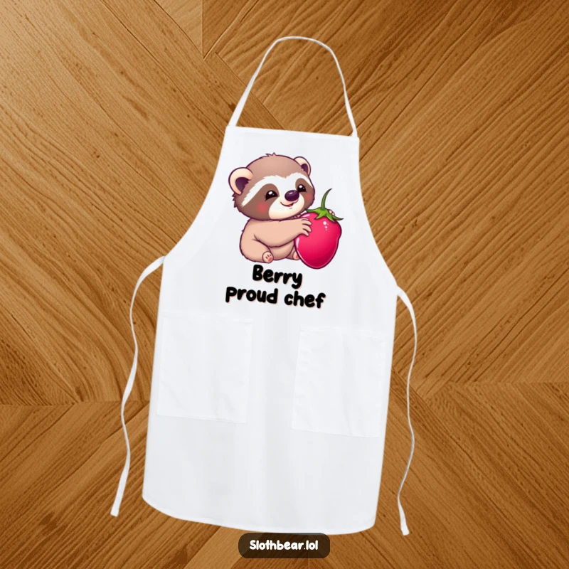 Funny kitchen apron: A kawaii sloth bear character happily reaching for a ripe berry, adding sweet charm to the kitchen.