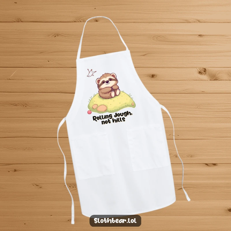 Funny kawaii sloth bear playfully rolling down a mossy hill while wearing a chef's hat on a cute kitchen apron.