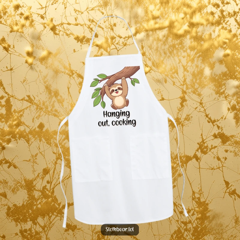 Funny kawaii sloth bear gleefully swinging from a branch while wearing a chef's hat on a cute kitchen apron.