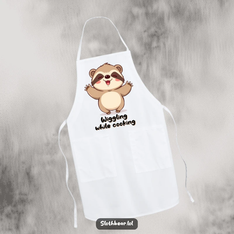 Funny kitchen apron: A kawaii sloth bear character doing a slow, joyous wiggle, adding happy movement to the kitchen.