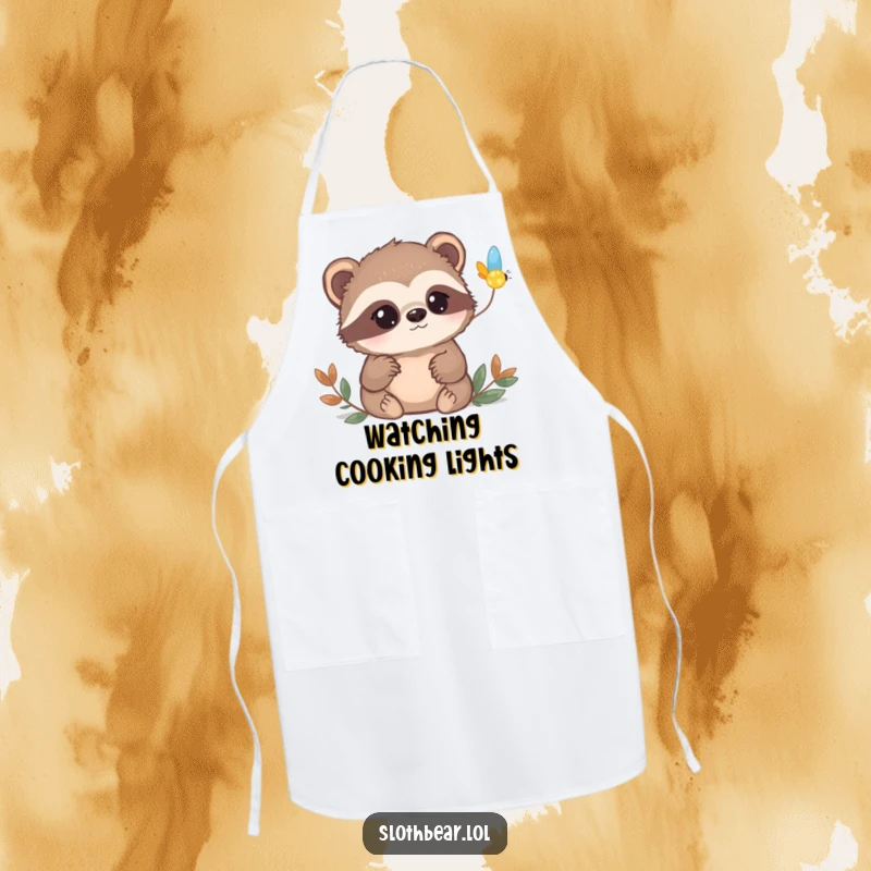 Funny sloth bear apron showing a bear with curious eyes watching a firefly blink on, for curious chefs.