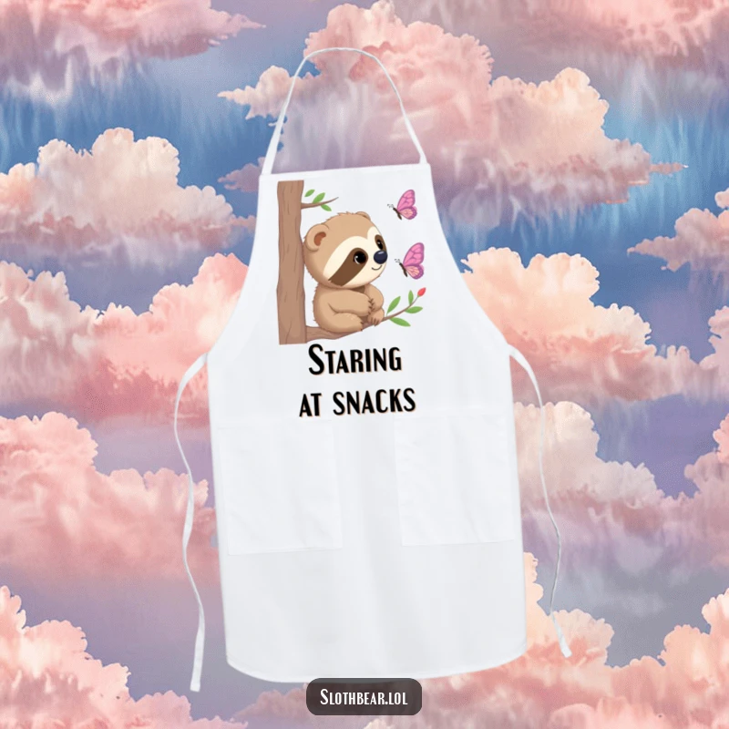 Funny Apron showing a curious sloth bear observing a butterfly, adding a touch of gentle humor to cooking.