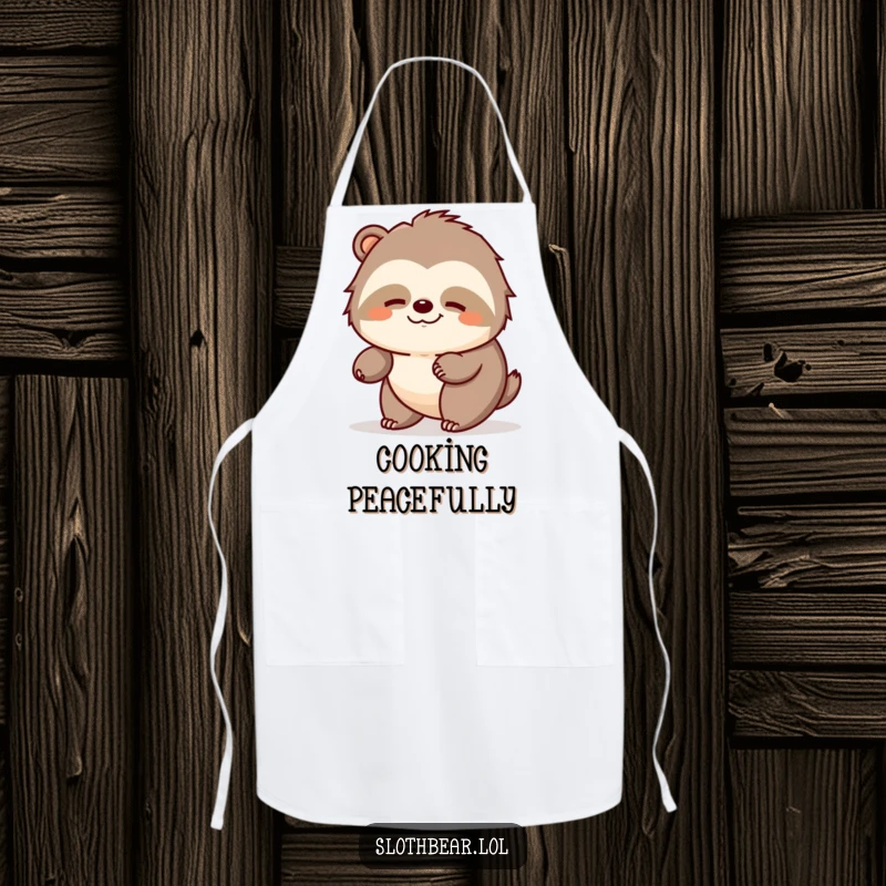 Funny sloth bear apron showing a bear ambling peacefully with a contented expression, for tranquil cooking.