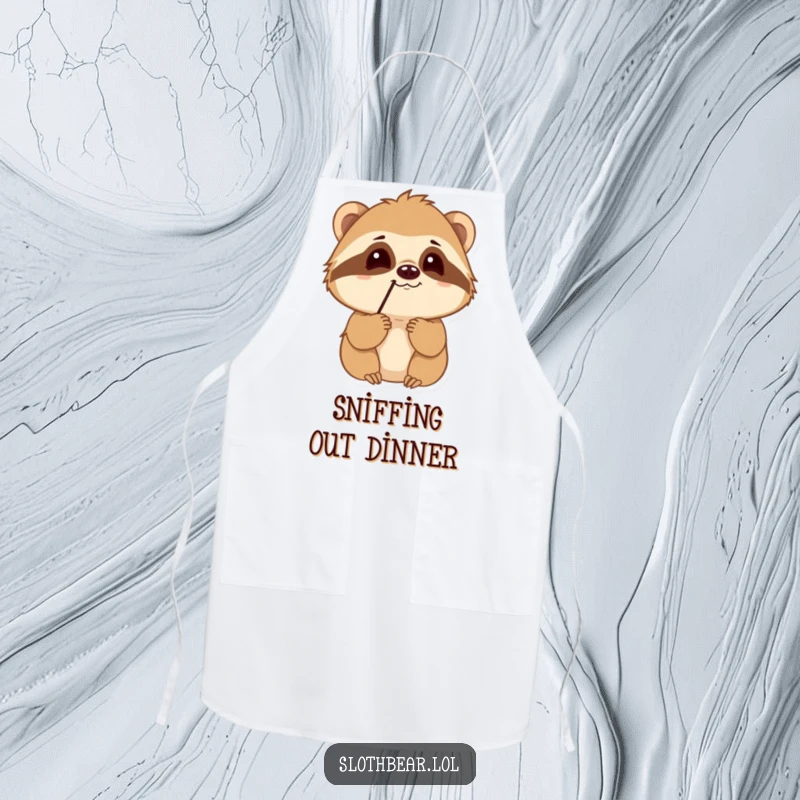 Funny Sloth Bear Apron with a curious character sniffing the air, adding a humorous and adventurous touch to cooking.