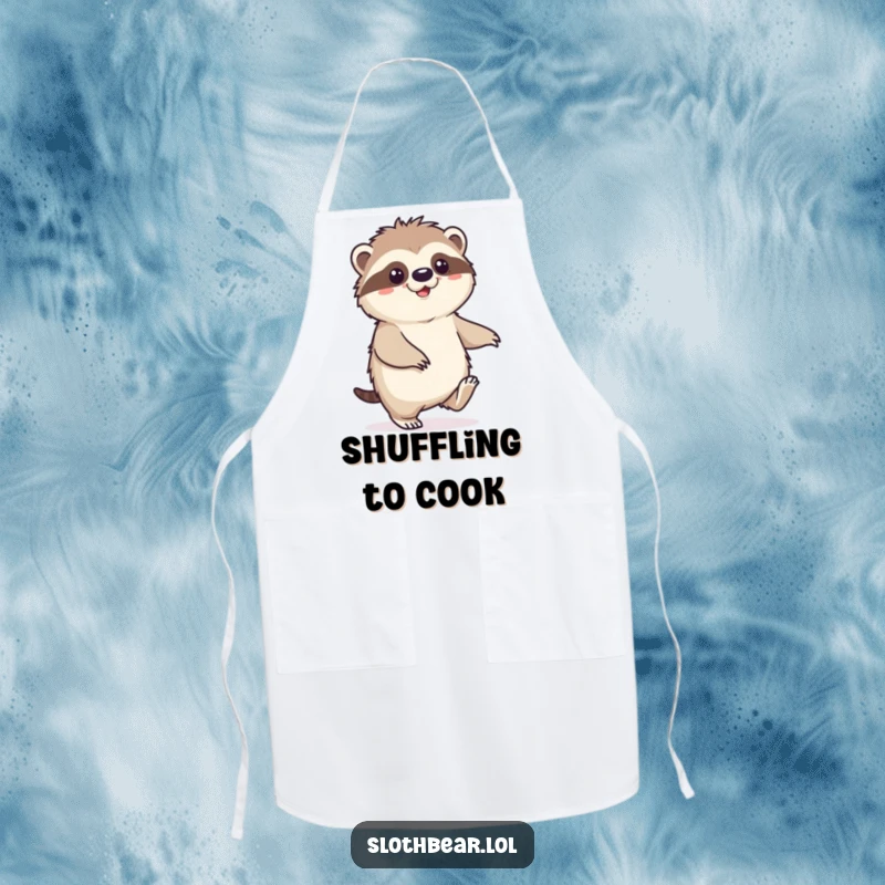 Funny Sloth Bear Apron with a character doing a happy shuffle, adding a relaxed and joyful touch to kitchen activities.