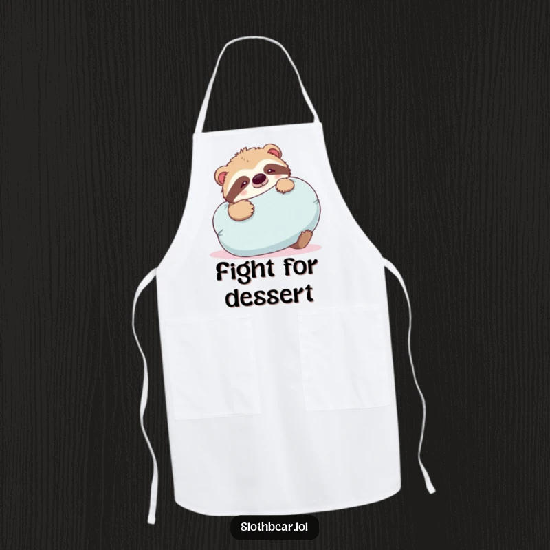 Funny sloth bear apron showing a bear playfully wrestling with a large, soft pillow, perfect for playful cooks.