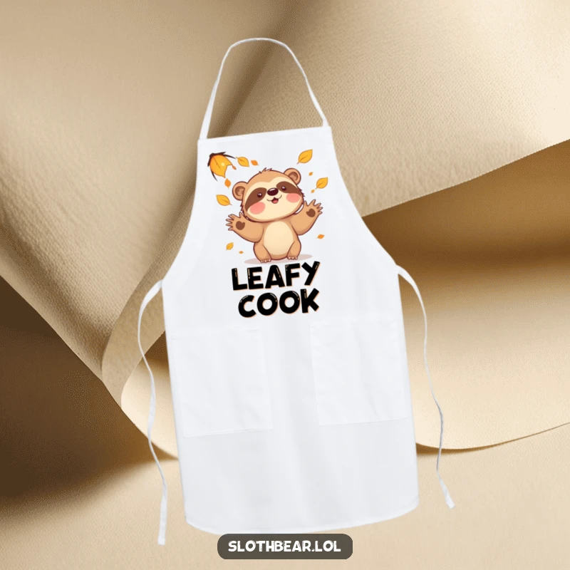 Funny sloth bear leaves apron, featuring a character playing with falling leaves, ideal for autumn-themed baking and cooking.