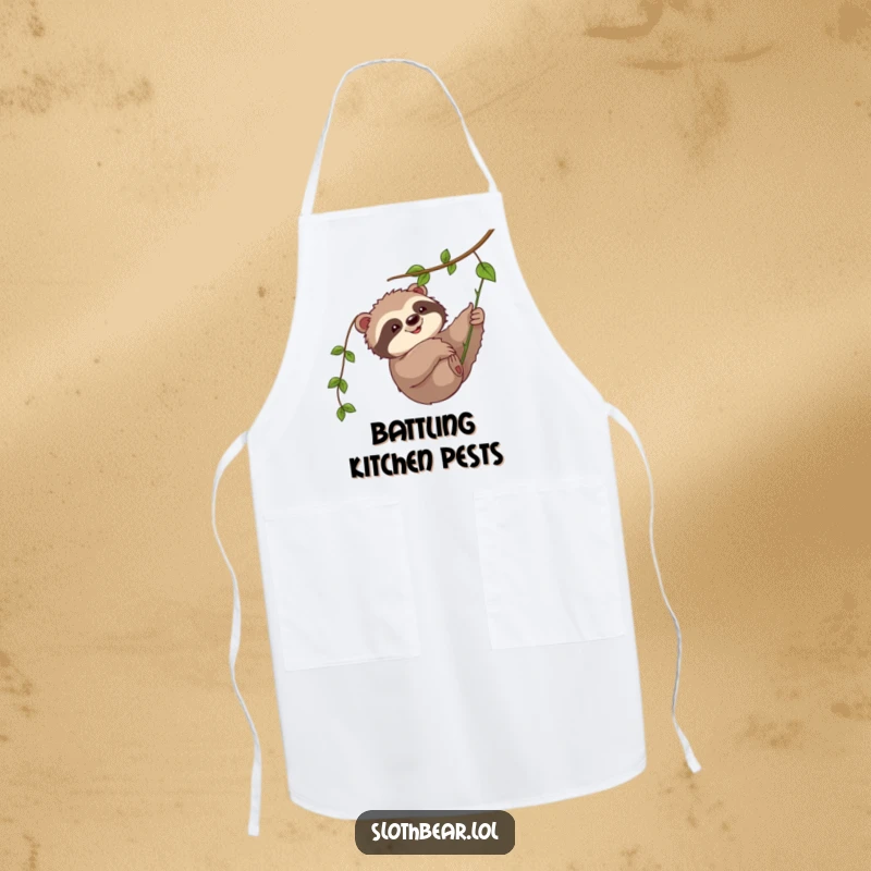 Funny kitchen apron: A cute sloth bear character playfully swatting a dangling vine, adding fun to cooking.