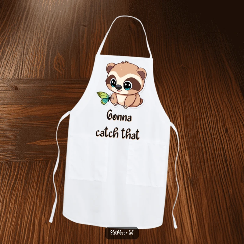 Funny Apron: A sloth bear with large, curious eyes is mesmerized by a butterfly, adding humor to your kitchen tasks.