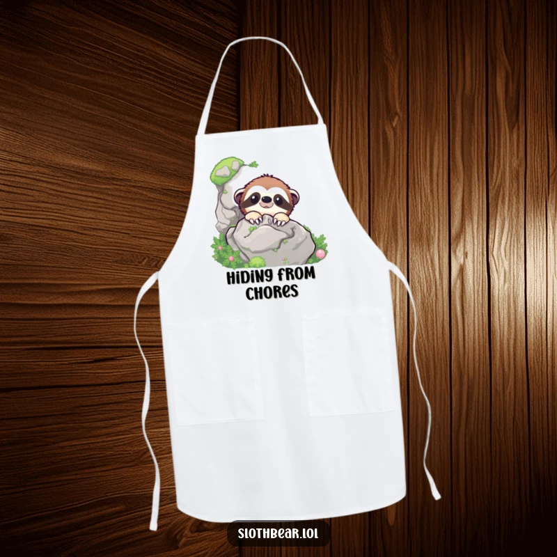Funny sloth bear character peeking from behind a mossy rock, depicted on a cheerful kitchen apron.