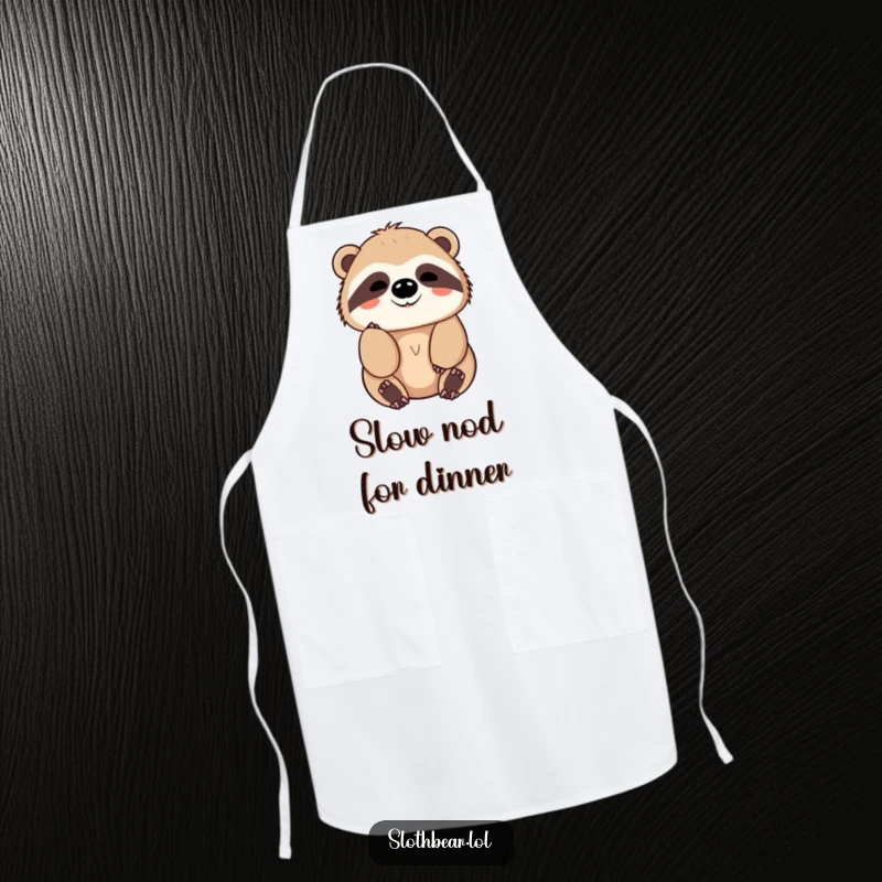 Funny Apron with a kawaii sloth bear character giving a slow, friendly nod, making kitchen activities more peaceful and fun.