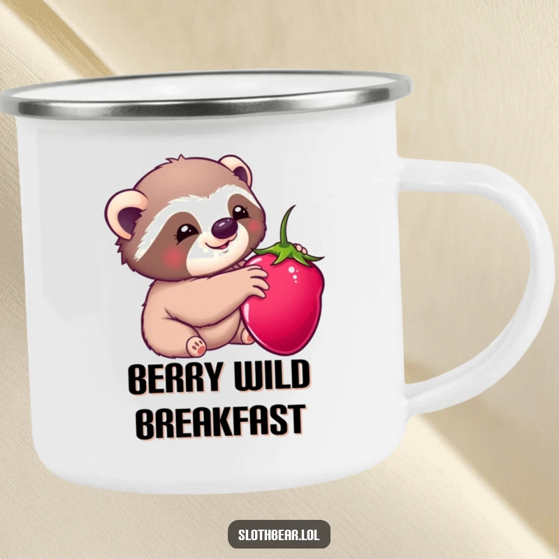 Funny camping mug: A kawaii sloth bear happily reaching for a berry, perfect for sweet outdoor moments.
