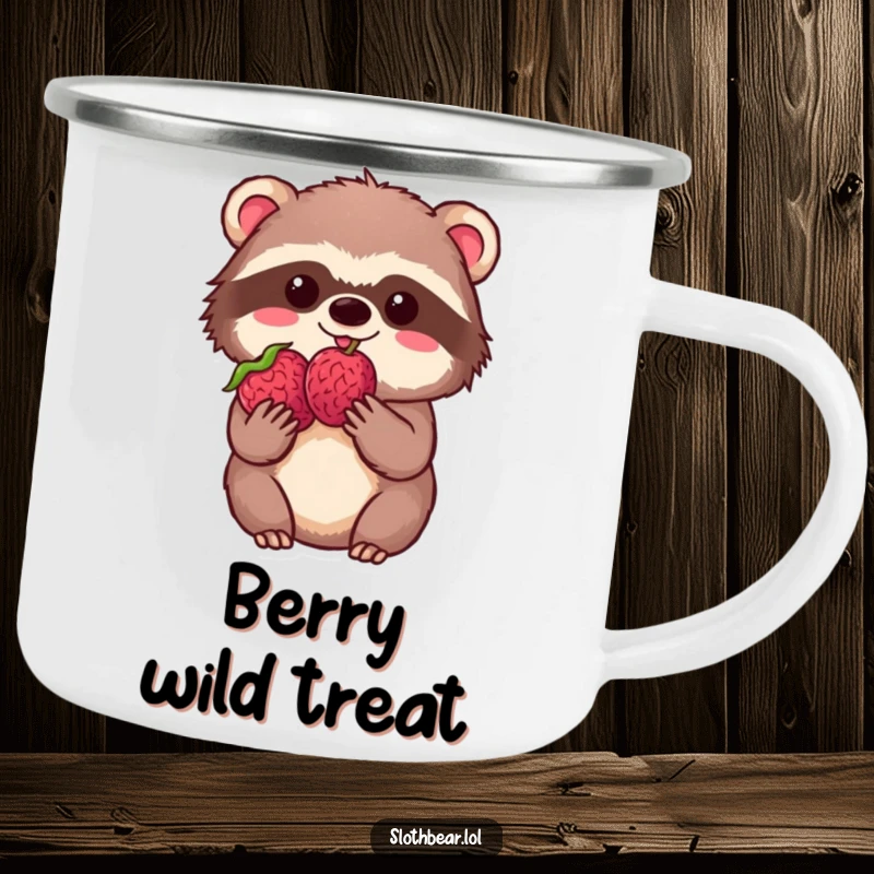 Funny kawaii sloth bear holding a perfect berry with delight on a durable camping mug, perfect for nature lovers.