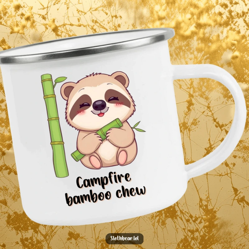 Funny sloth bear camping mug showing a gentle bear with a smile munching on juicy bamboo, ideal for outdoor enjoyment.