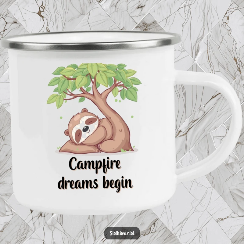 Funny camping mug featuring a happy sloth bear character napping under a leafy tree, perfect for outdoor relaxation enjoyment.