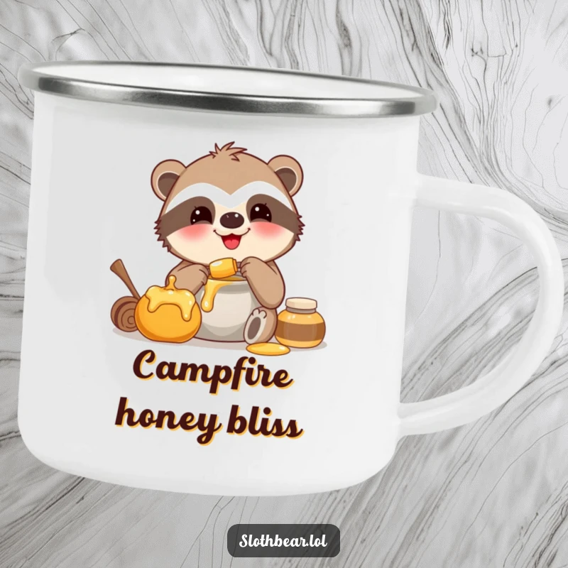 Funny camping mug with a smiling sloth bear happily eating honey, perfect for outdoor enjoyment.