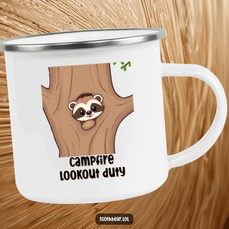 Funny camping mug: A kawaii sloth bear curiously peeking from behind a tree, perfect for mysterious outdoor moments.