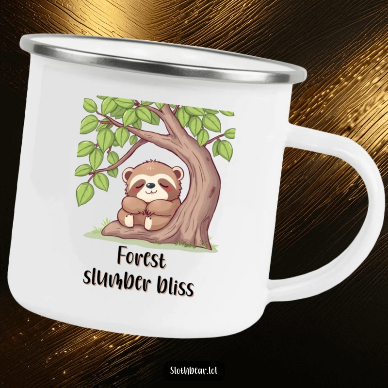 Funny sloth bear peacefully napping under a tree, on a durable and humorous camping mug for outdoor relaxation.
