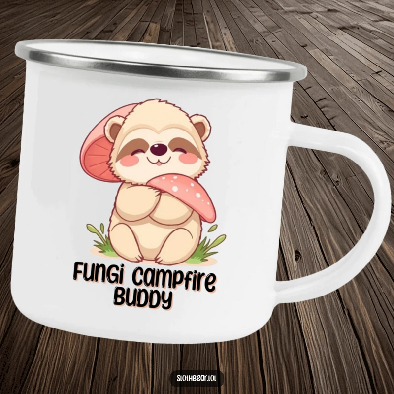 Funny sloth bear mushroom hug camping mug, designed for outdoor adventures, featuring a character embracing a forest mushroom.