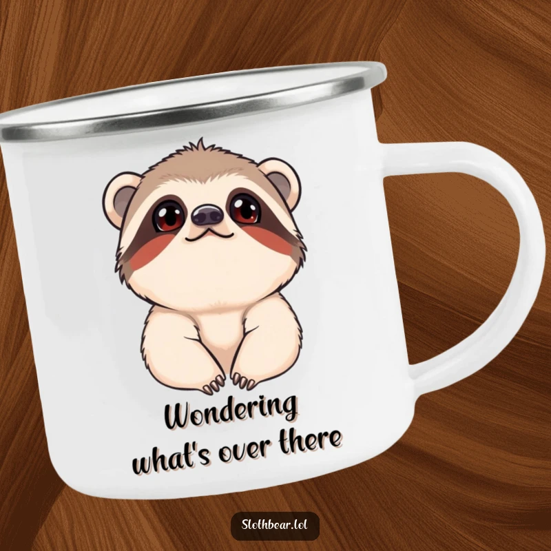 Funny Camping Mug featuring a young sloth bear with a curious upward gaze, perfect for outdoor enthusiasts.