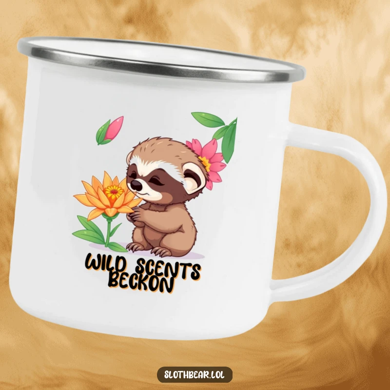 Funny curious sloth bear cub sniffing a vibrant exotic flower, perfect for a funny enamel camping mug.