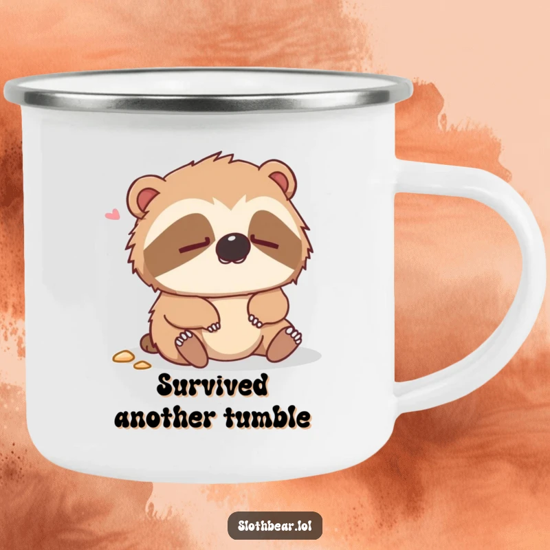 Funny camping mug featuring a dazed sloth bear appearing confused after a gentle fall, perfect for outdoor humor.
