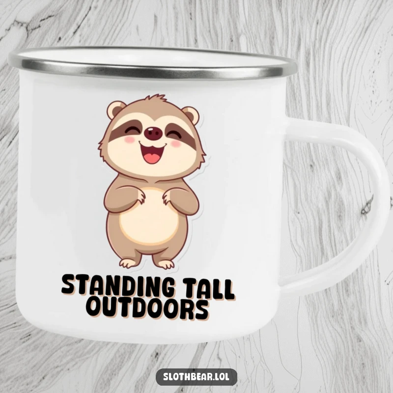 Funny delighted sloth bear character standing on hind legs looking pleased, perfect for a funny enamel camping mug.