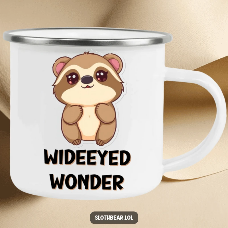 Funny Kawaii Sloth Bear Camping Mug showing a cute bear looking up with innocent eyes, perfect for outdoor sweetness and a funny gift.