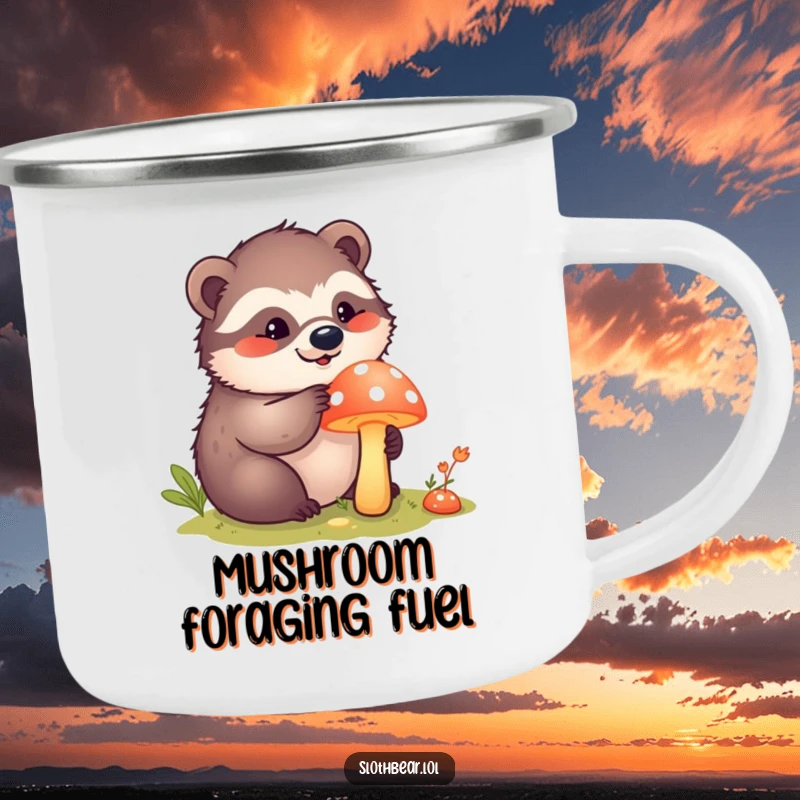 Funny kawaii sloth bear curiously poking a bright mushroom on a durable camping mug, perfect for curious adventurers.