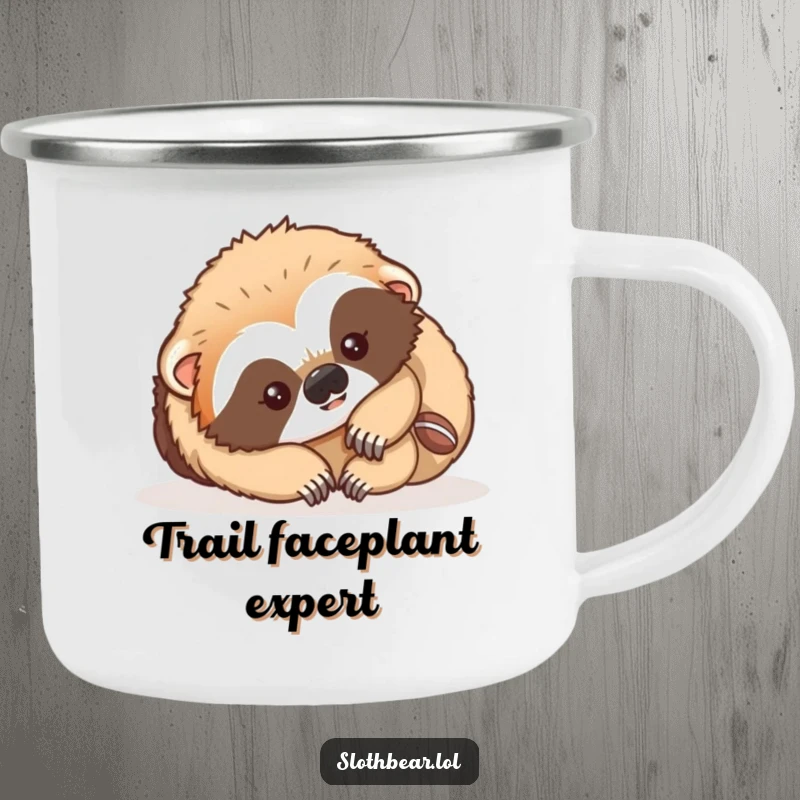 Funny Camping Mug featuring a sloth bear cub playfully tumbling, perfect for outdoor enthusiasts who love a laugh.
