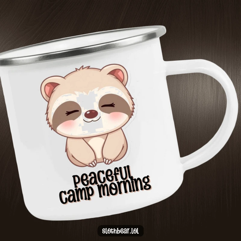 Funny Camping Mug featuring a small sloth bear with a gentle, sleepy smile, perfect for relaxed outdoor enjoyment.