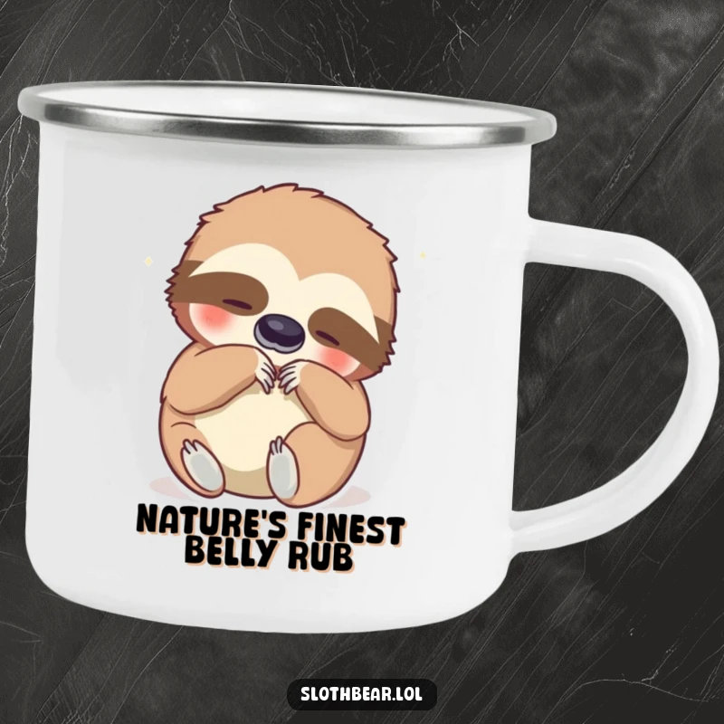 Funny camping mug displaying a sloth bear contentedly scratching its belly, perfect for enjoying beverages outdoors with a humorous touch.