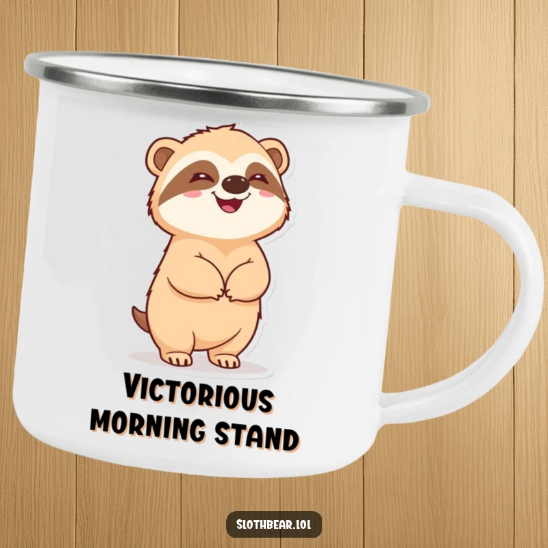 Funny sloth bear standing happily on hind legs, looking pleased, on a durable and humorous camping mug.