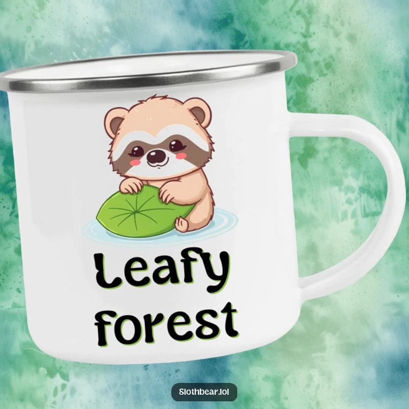 Funny camping mug with a kawaii sloth bear character gently nudging a floating leaf.