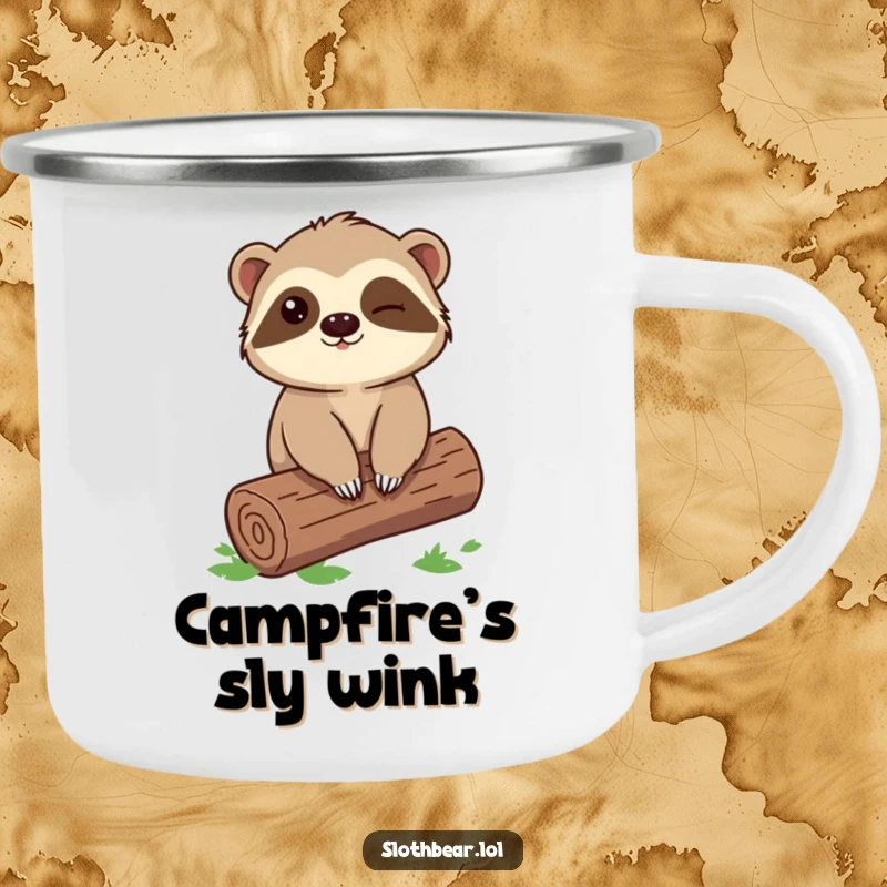 Funny Sloth Bear Camping Mug with a winking character sitting on a log, perfect for sharing a playful moment outdoors.