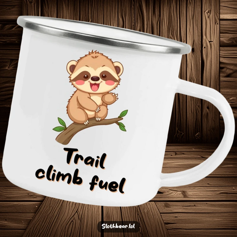 Funny sloth bear cub climbing camping mug, durable outdoor drinkware featuring a cub on a branch, perfect for adventure.