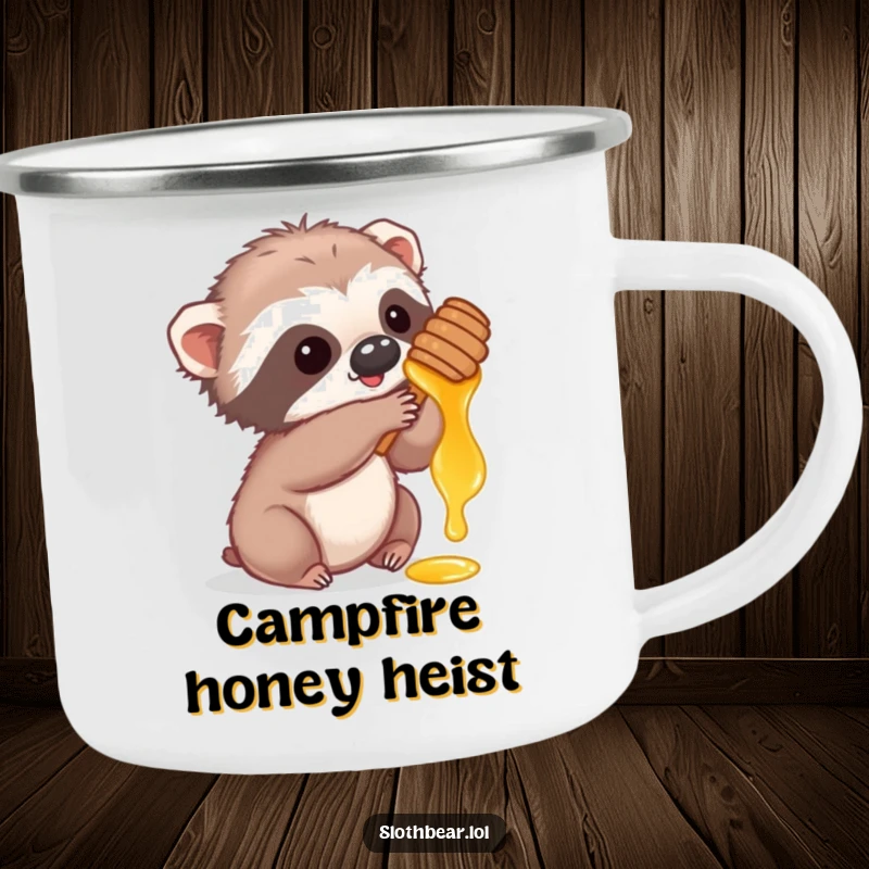 Funny camping mug with a cute sloth bear cub playfully reaching for honey, perfect for outdoor enjoyment.