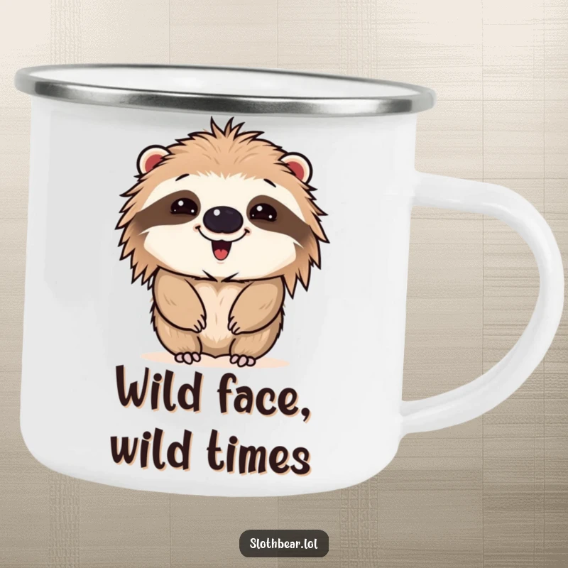 Funny camping mug featuring a sloth bear making a comical face, perfect for outdoor use with a humorous and expressive twist.
