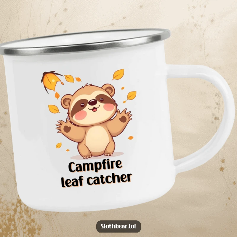 Funny sloth bear leaves camping mug, durable outdoor drinkware featuring a character playing with leaves, perfect for autumn adventures.
